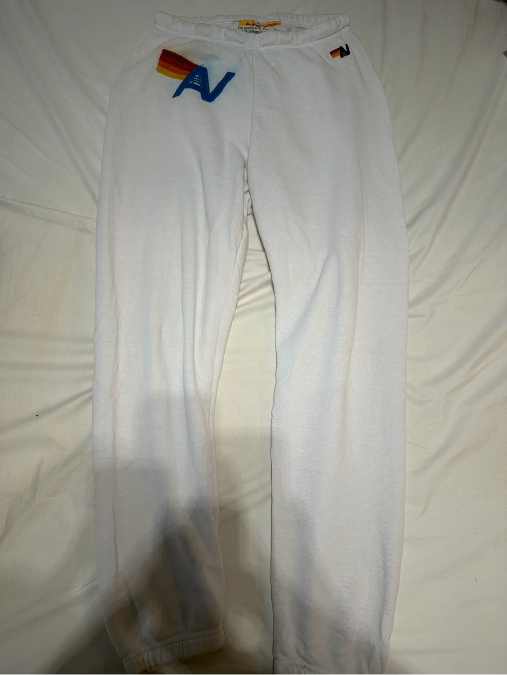 Aviator Nation White Sweatpants with Rainbow 'N' Logo